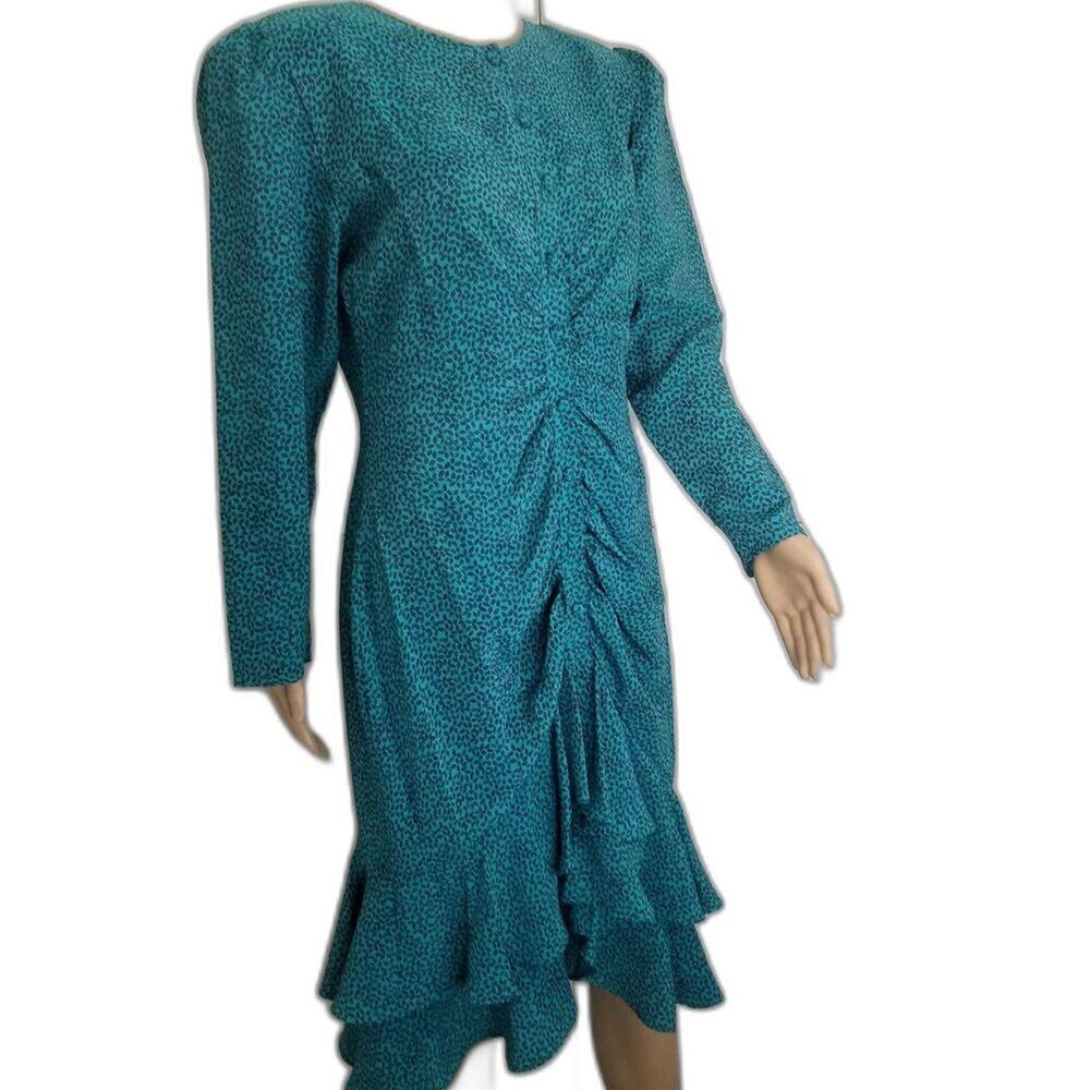 80s Green Micro Feather Long Sleeve Mermaid Wriggle Dress Large Vintage Fashion